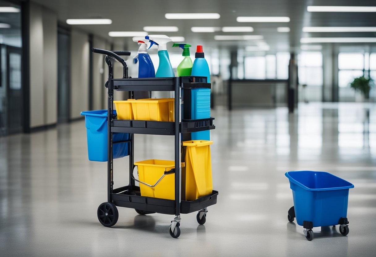 A janitorial cart stocked with cleaning supplies stands ready in an empty office, waiting to tackle various types of deep cleaning services