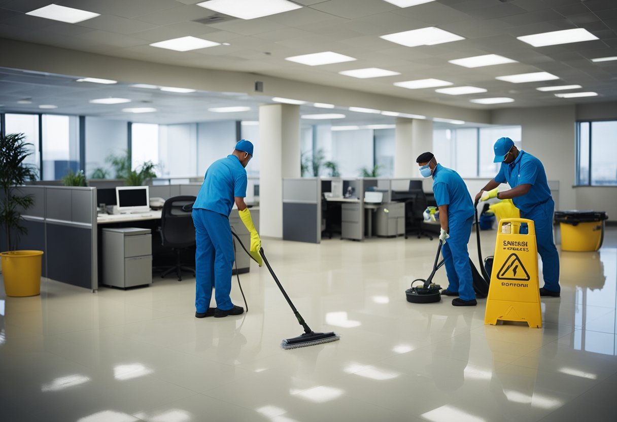 A janitorial team uses advanced equipment to clean office spaces efficiently and effectively