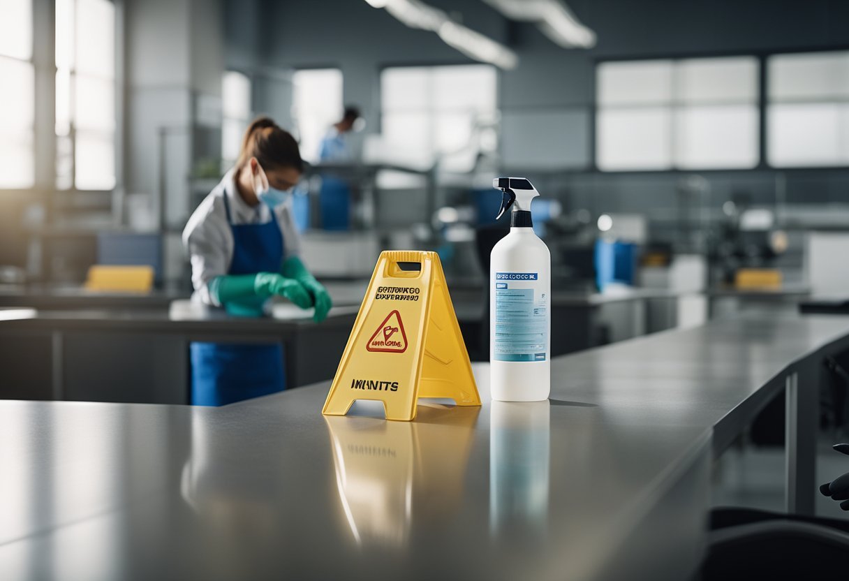 A person in gloves sprays disinfectant on office surfaces. Cleaning supplies and equipment are neatly organized nearby