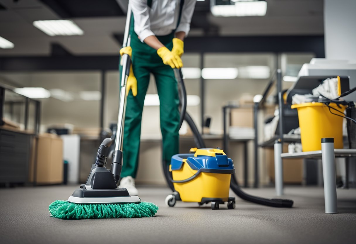 Various office cleaning services: vacuuming, dusting, mopping, and trash removal. Solutions include eco-friendly products and efficient equipment