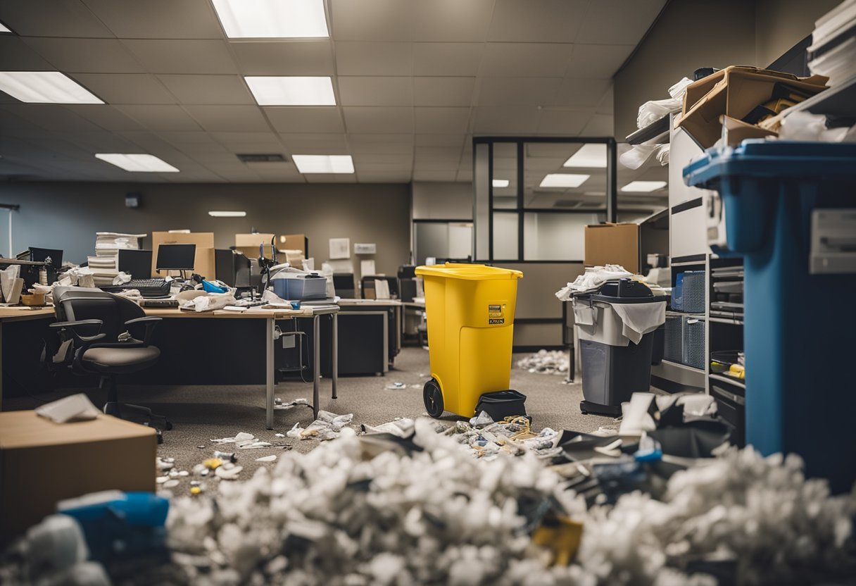 A cluttered office space with various cleaning supplies and equipment, including a vacuum, mop, and duster. Trash bins overflowing with paper and debris, while desks and surfaces are covered in dust and grime