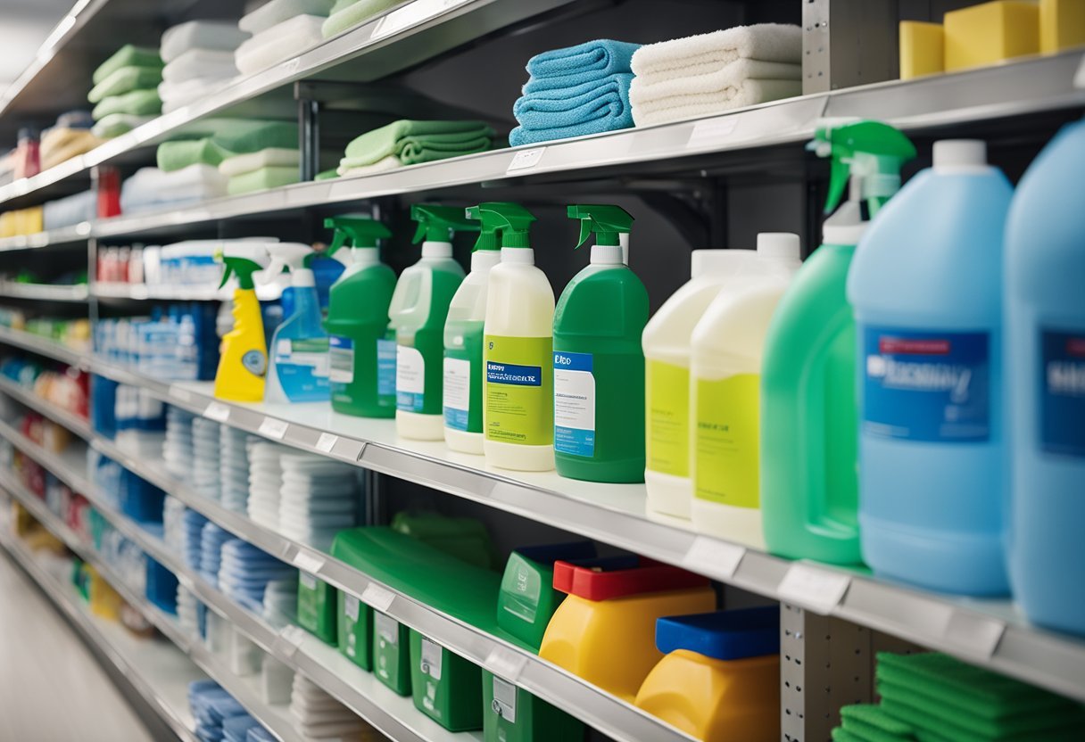 Various cleaning tools and products displayed on shelves, including disinfectants, vacuums, and microfiber cloths. Labels indicate specific solutions for office cleaning needs