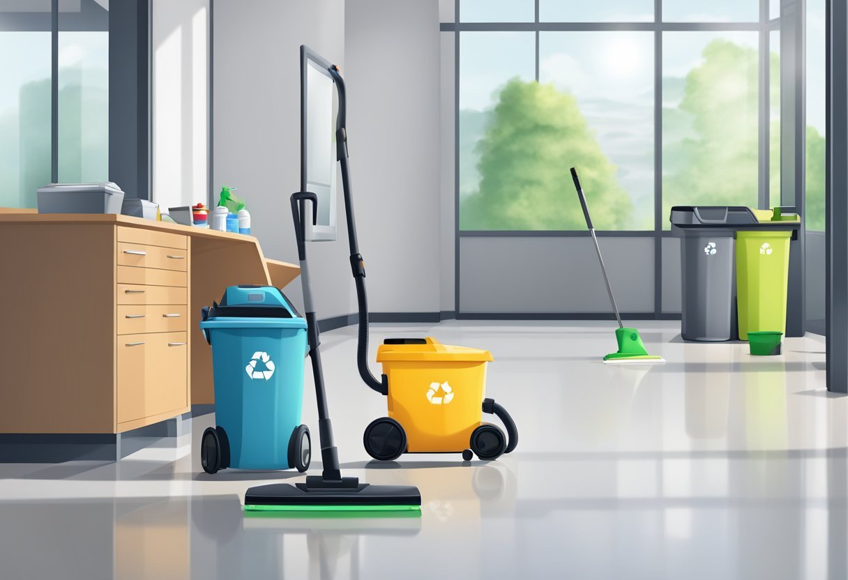 A vacuum cleaner, mop, bucket, duster, and spray bottle on a clean office floor. Trash cans and recycling bins are neatly placed in the corner