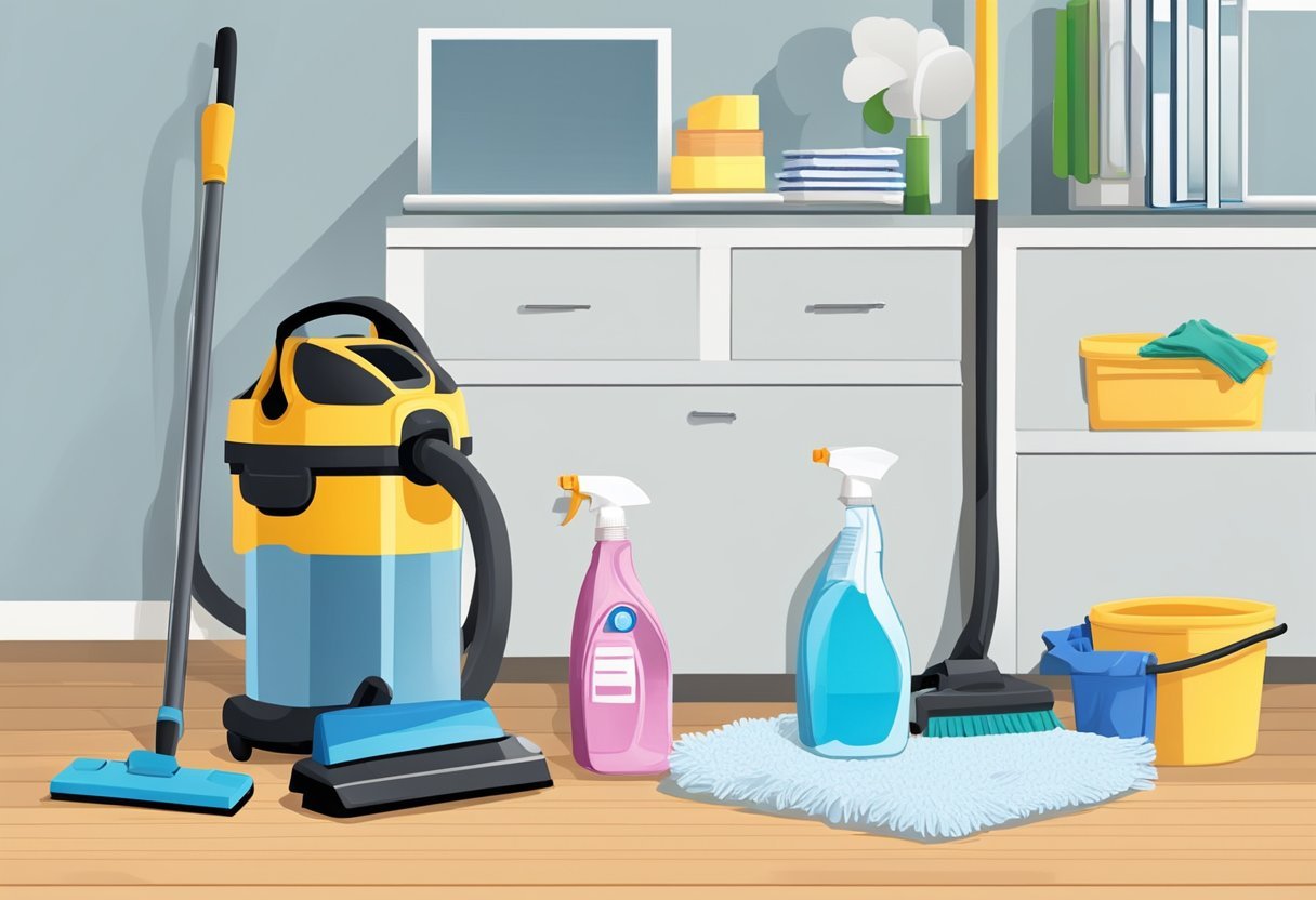 A vacuum cleaner, mop, and bucket sit next to a checklist of top 10 office cleaning tips. A spray bottle and microfiber cloths are neatly arranged on a shelf