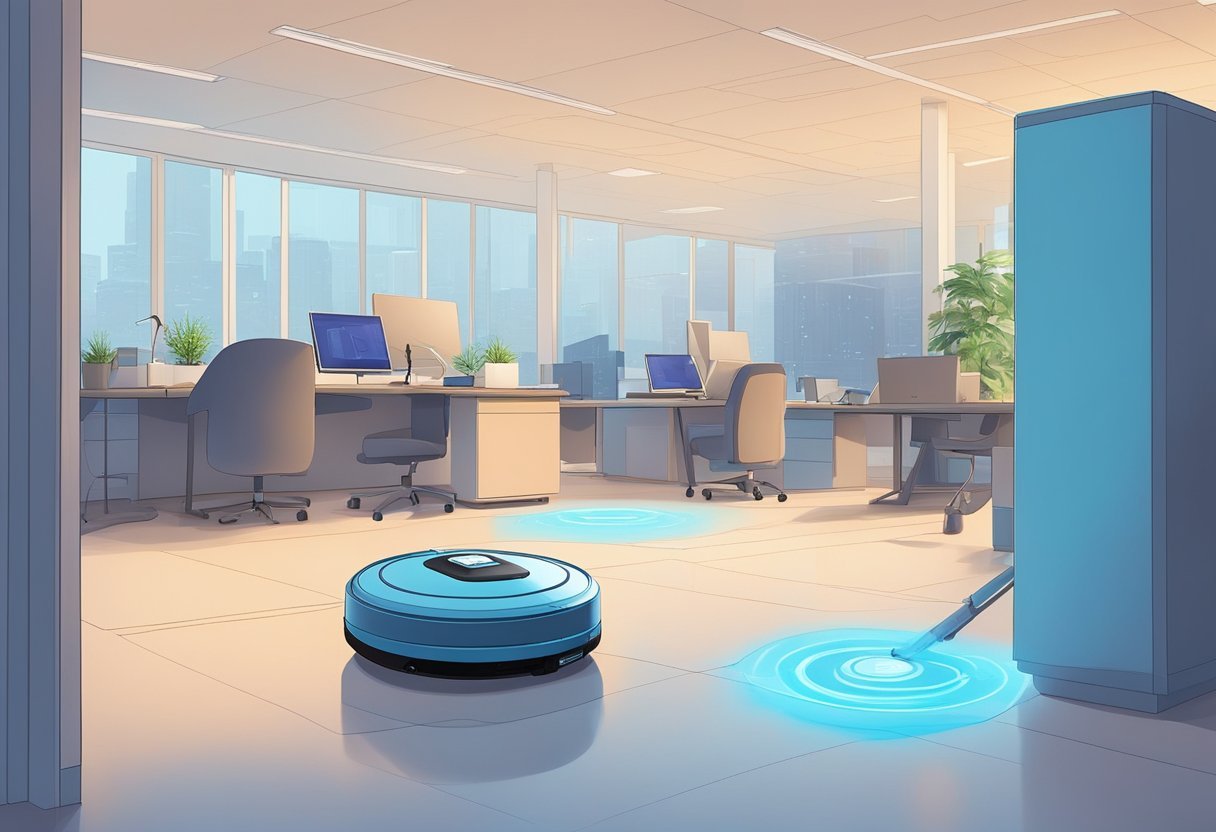 A robotic vacuum cleaner navigates around desks, while an automated mop system glides across the office floor. A UV-C disinfection robot emits a soft blue light as it moves through the space
