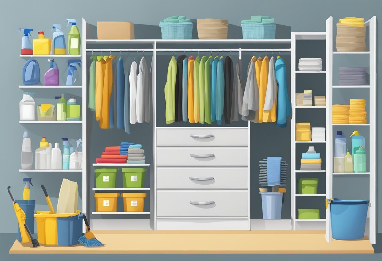 A closet with shelves neatly stacked with cleaning supplies and tools. Labels and organizers are visible, along with a vacuum and mop