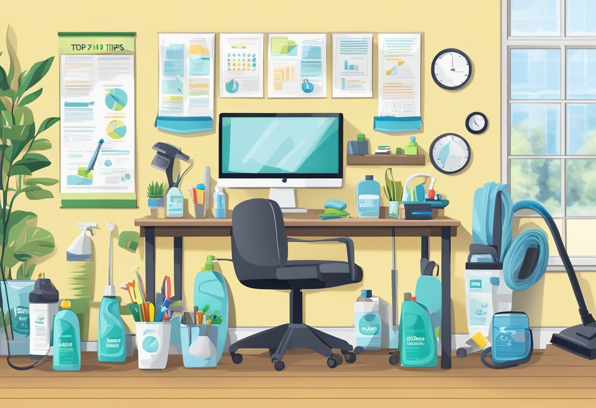 A desk with eco-friendly cleaning products, a vacuum, mop, and spray bottles. A chart with "Top 10 tips & tools for office cleaning" hangs on the wall