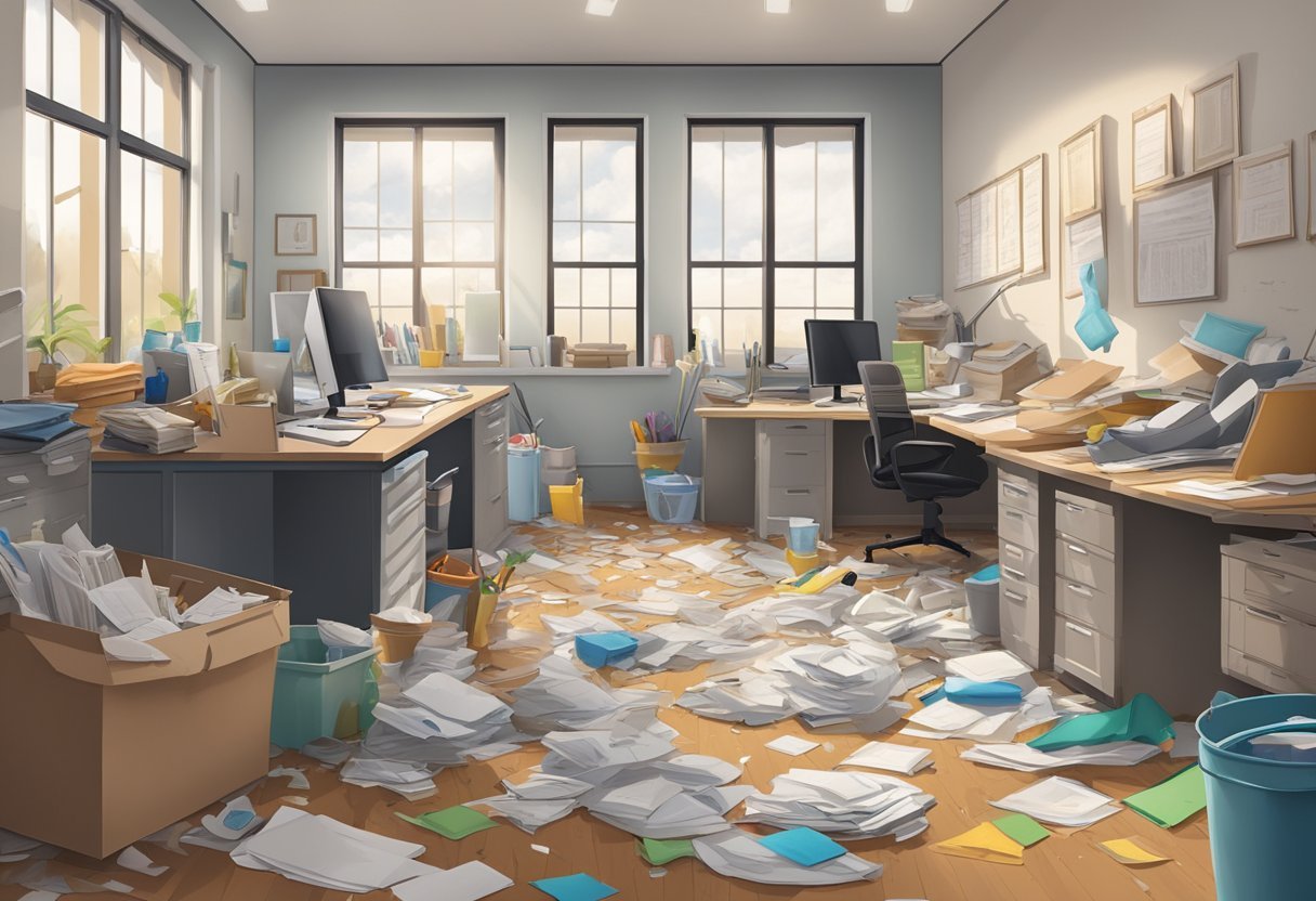 An office space cluttered with papers, overflowing trash bins, dusty surfaces, and smudged windows. Cleaning tools such as mops, brooms, dusters, and cleaning solutions are scattered around