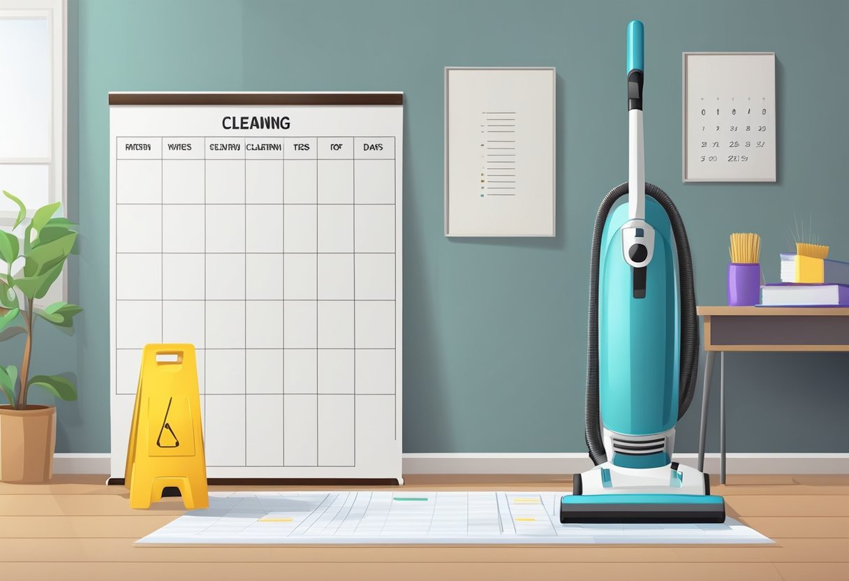 A vacuum cleaner and mop sit next to a checklist of cleaning tasks for an office. A calendar with scheduled cleaning dates hangs on the wall
